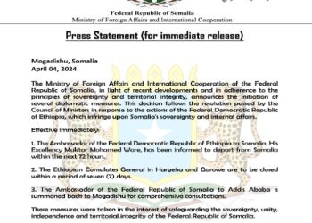 La Somalie expulse l’ambassadeur éthiopien et ferme les consulats éthiopiens