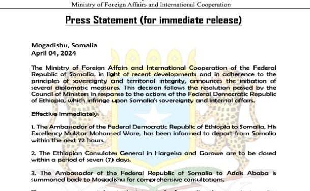 La Somalie expulse l’ambassadeur éthiopien et ferme les consulats éthiopiens